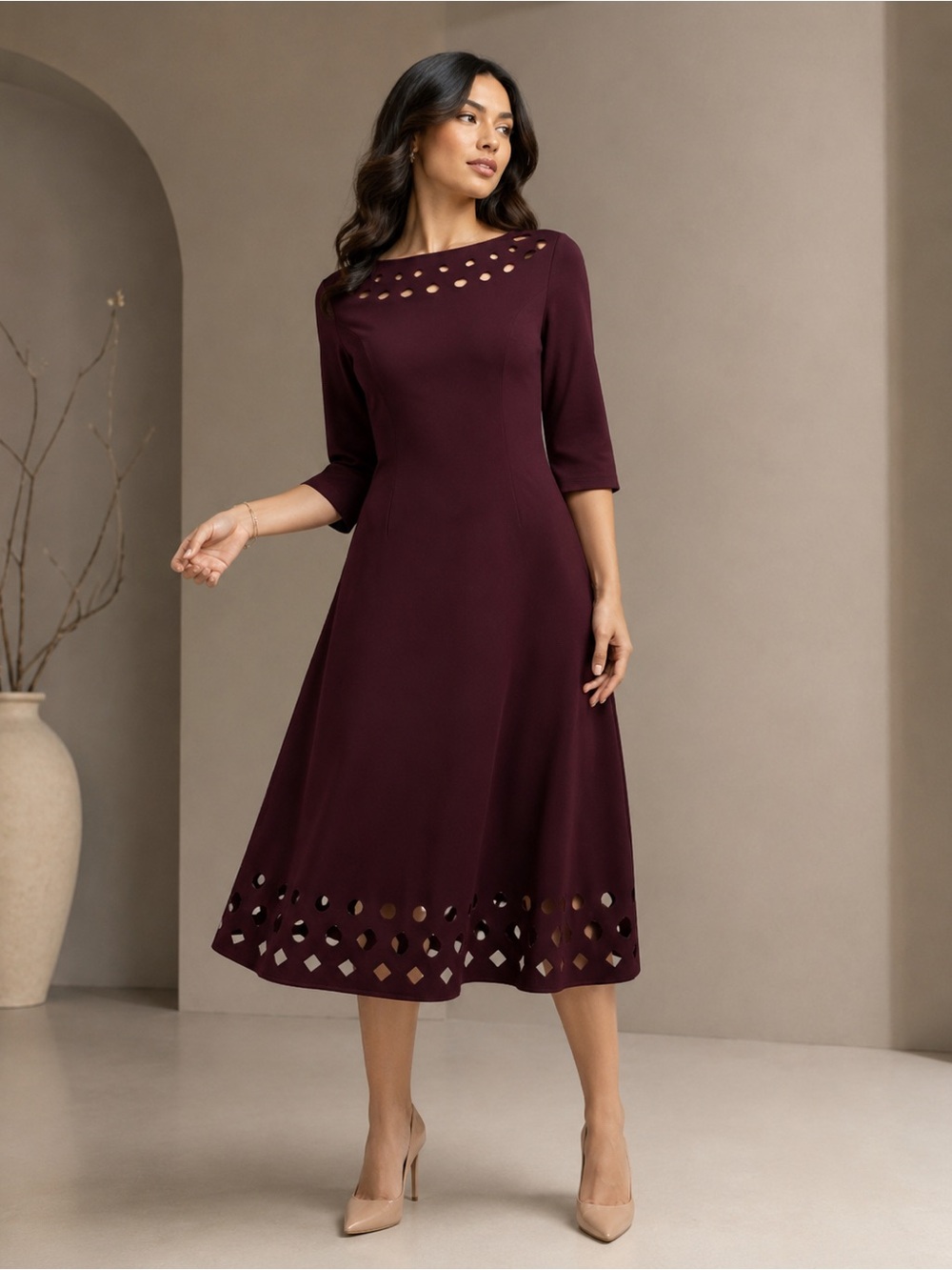 NIC+ZOE Burgundy Cutout Knit Midi Dress 3/4 Sleeve Fit & Flare Elegant, Size PL